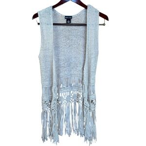 Wet Seal Knitted Vest Women's Ivory Size Med Fringe Open Front Cottagecore Boho‎